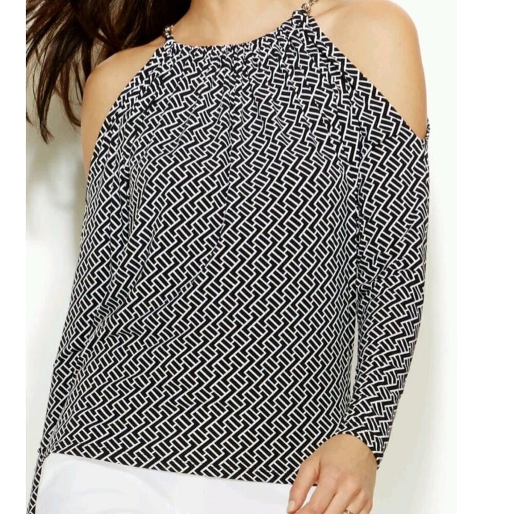 Michael Kors Black White Heri-Print Silver Chain Cold Shoulder Top Blouse Size M